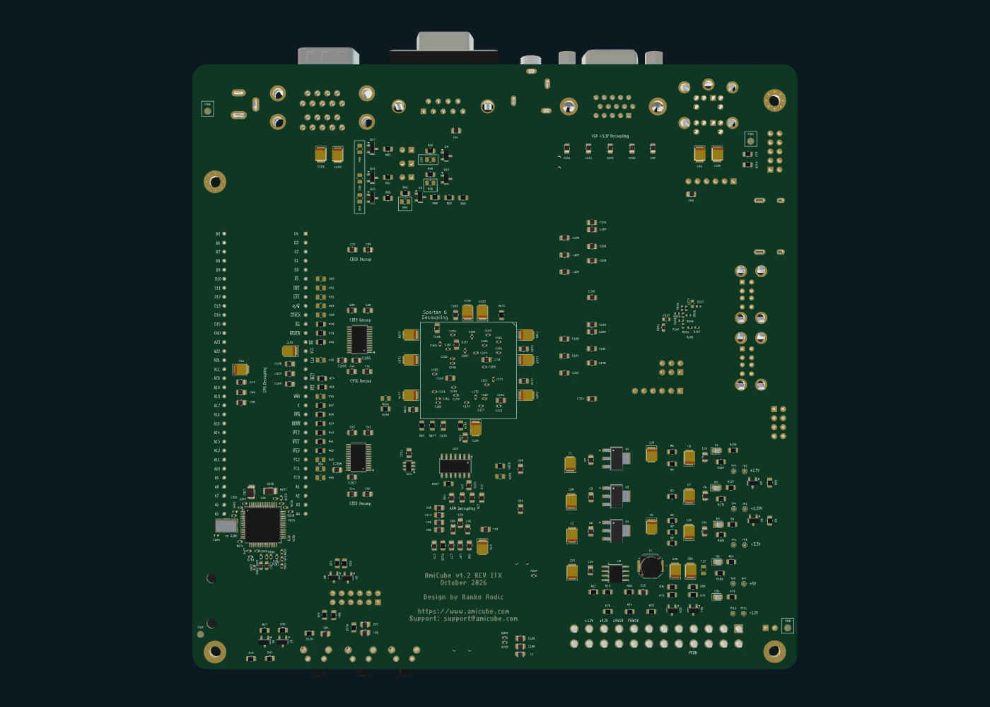 Current native AmiCube v1.2 underside with components, mounting holes and silkscreen
