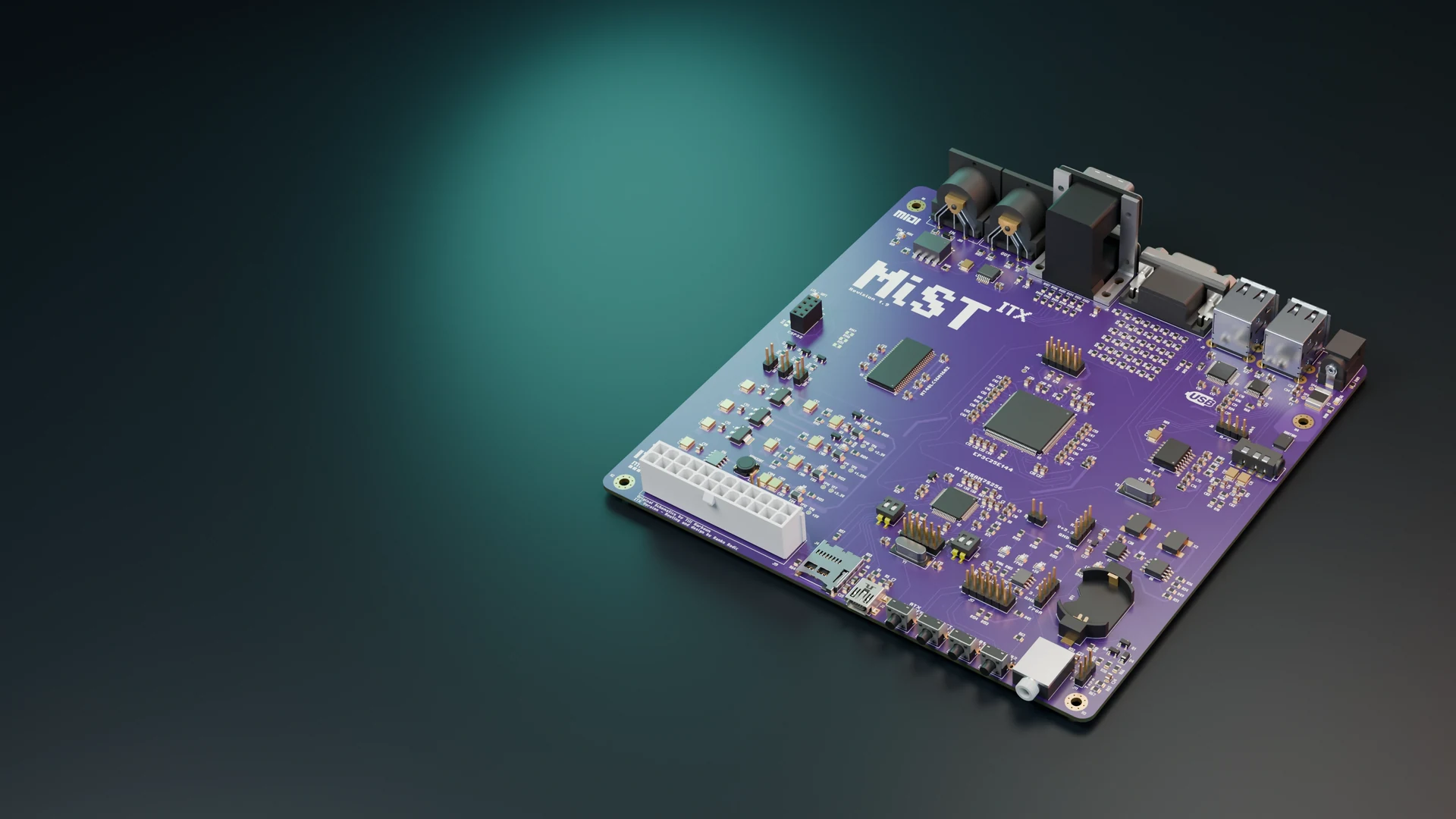 MiST ITX board, rendered from native CAD on a dark studio floor