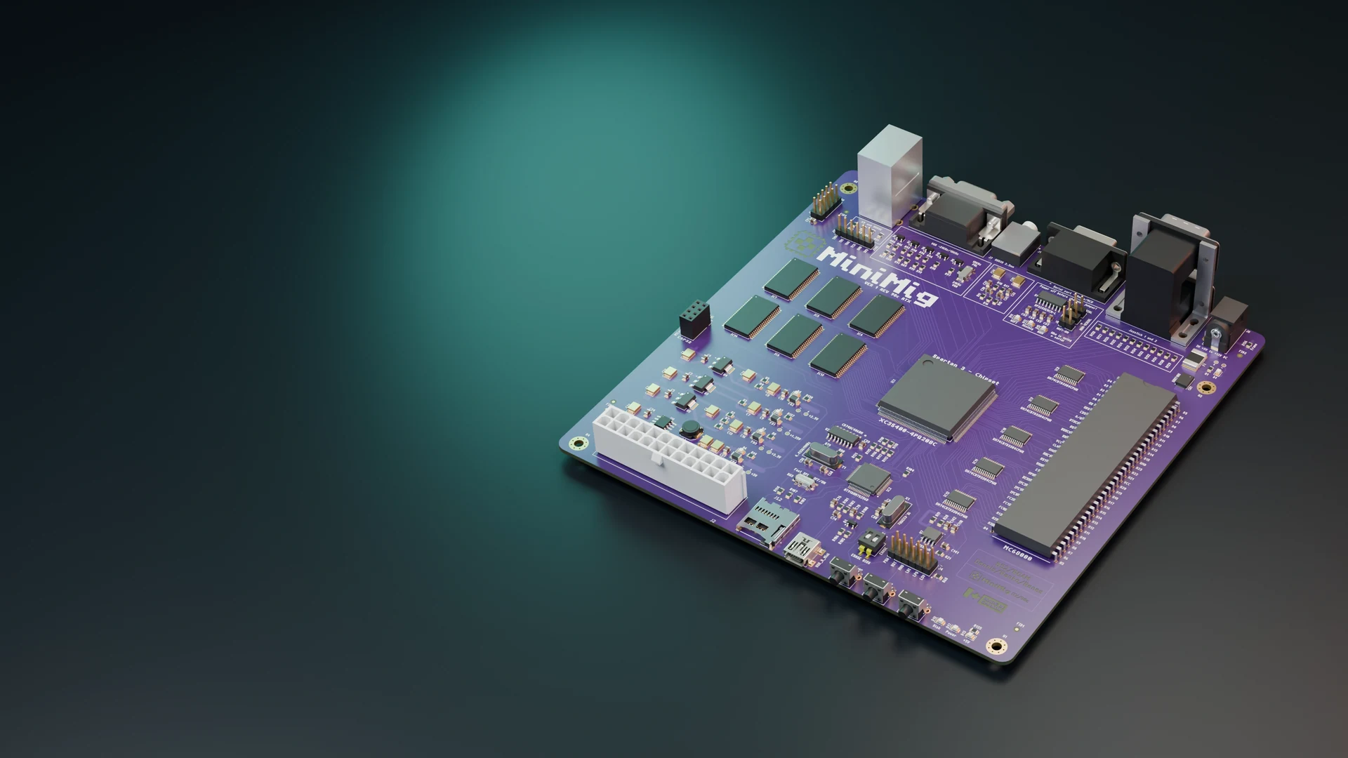 Minimig 1.98 ITX motherboard, rendered from native CAD on a dark studio floor