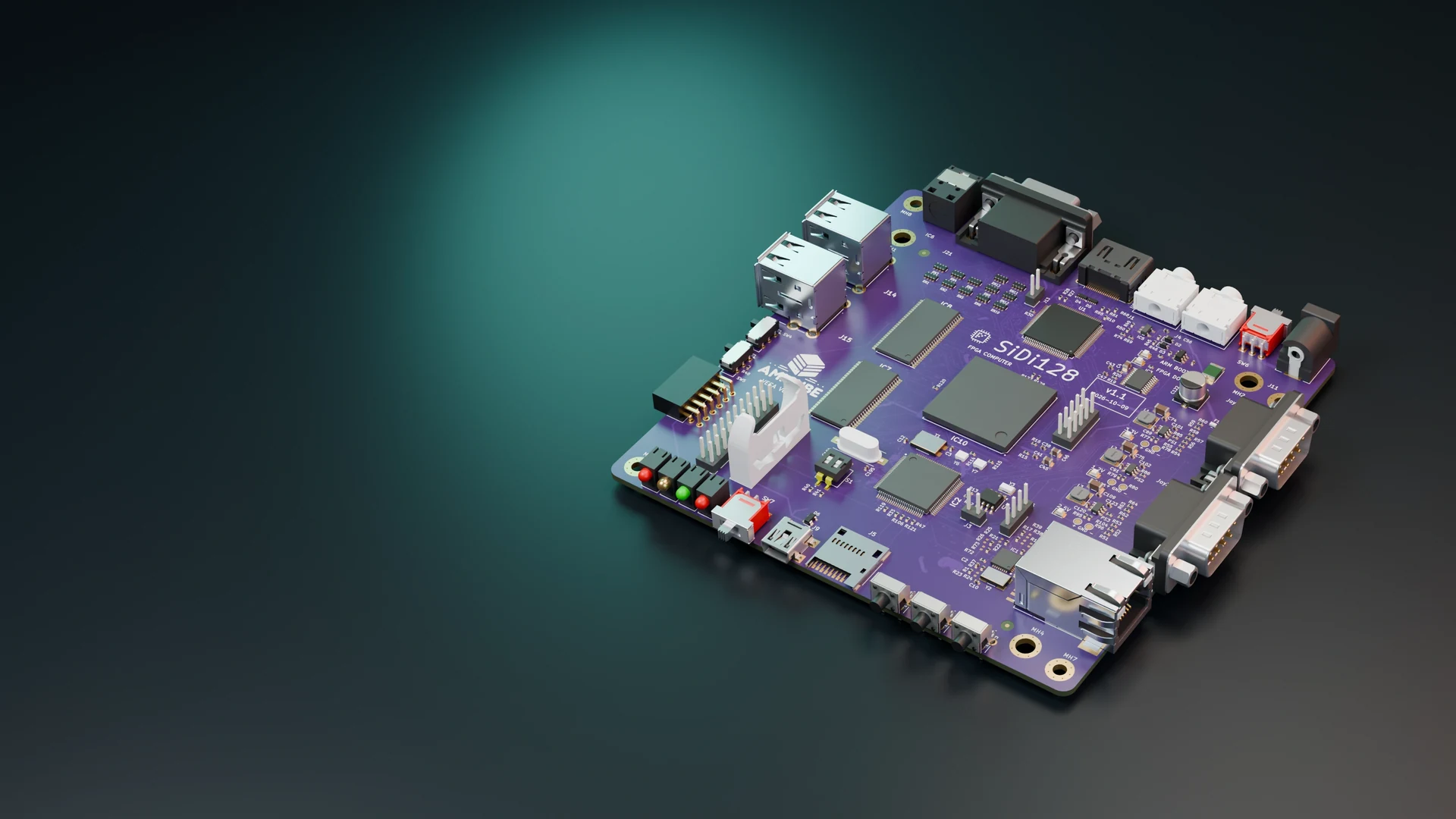SiDi-128 motherboard, rendered from native CAD on a dark studio floor