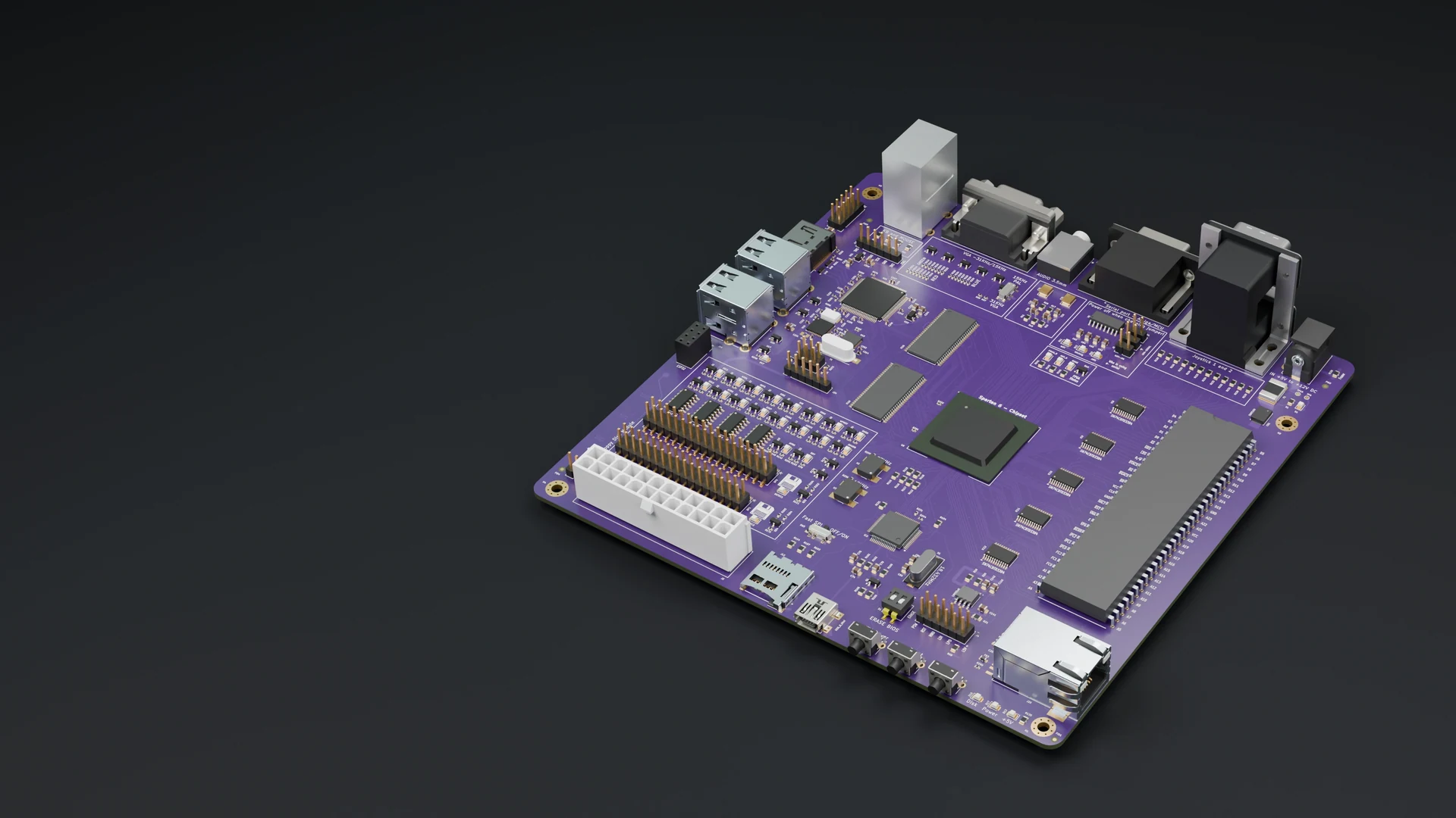 AmiCube v1.2 motherboard, rendered from native CAD on a dark studio floor