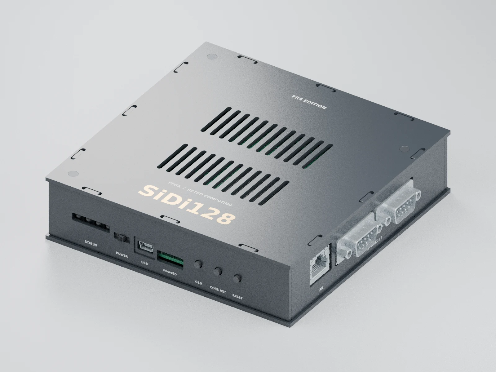 Current FR4-R7 enclosure with tabbed panels, vented lid and SiDi128 lettering