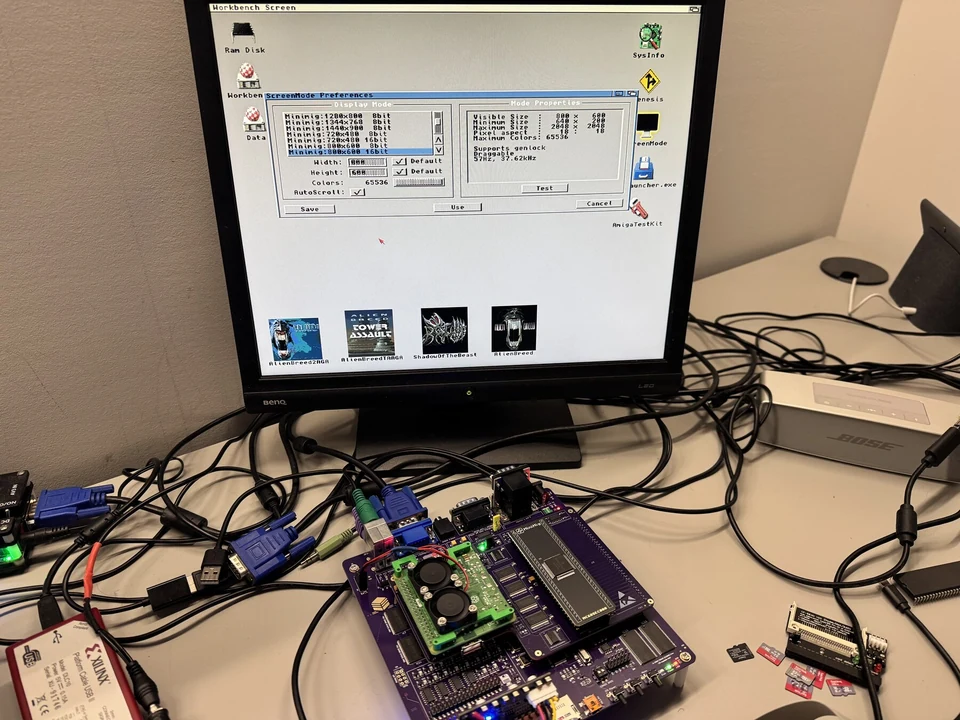 AmiCube with PiStorm running Workbench in native 800 by 600 16-bit Picasso96 RTG mode