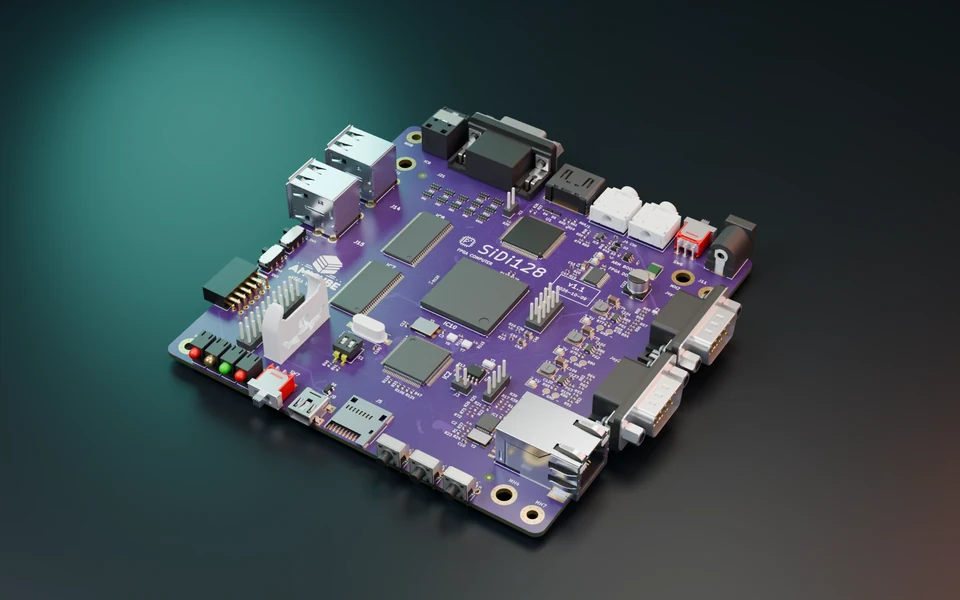 SiDi-128 motherboard, rendered from native CAD on a dark studio floor