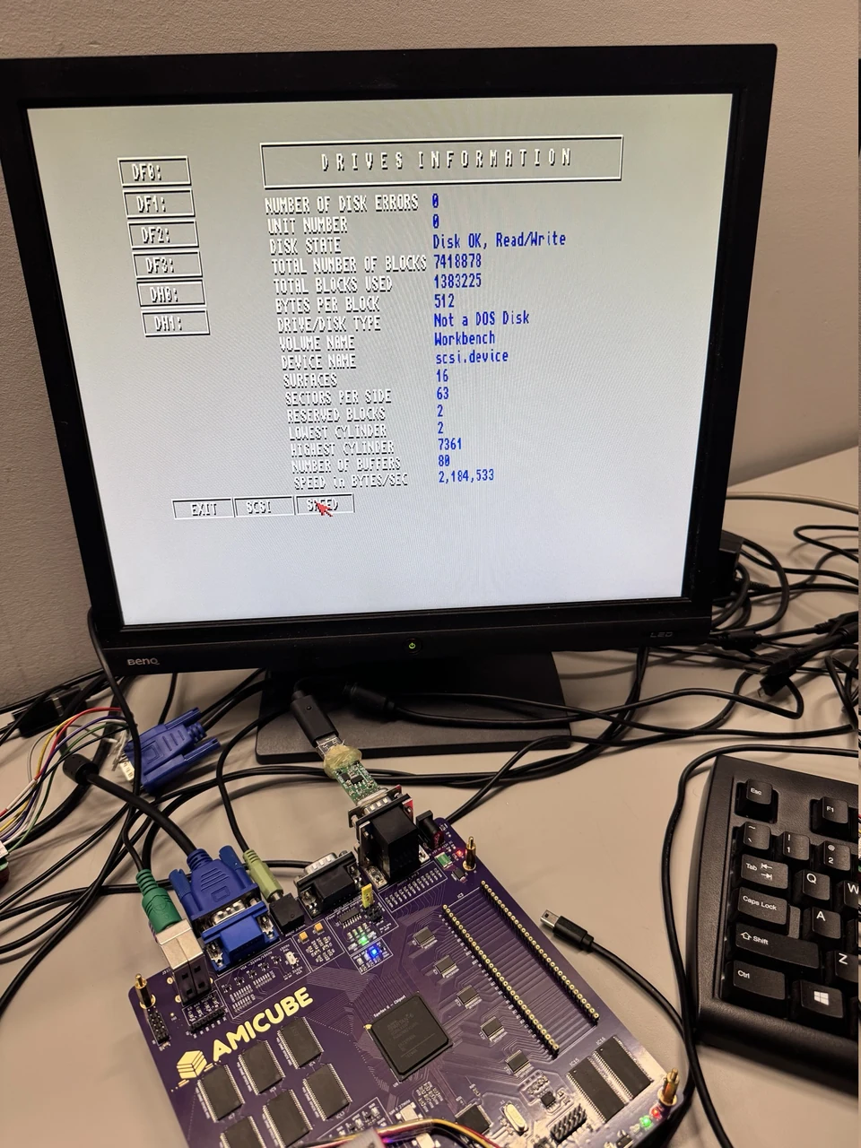 Historical AmiCube SysInfo Fast-IDE read result with a visibly damaged filesystem from a rejected early build