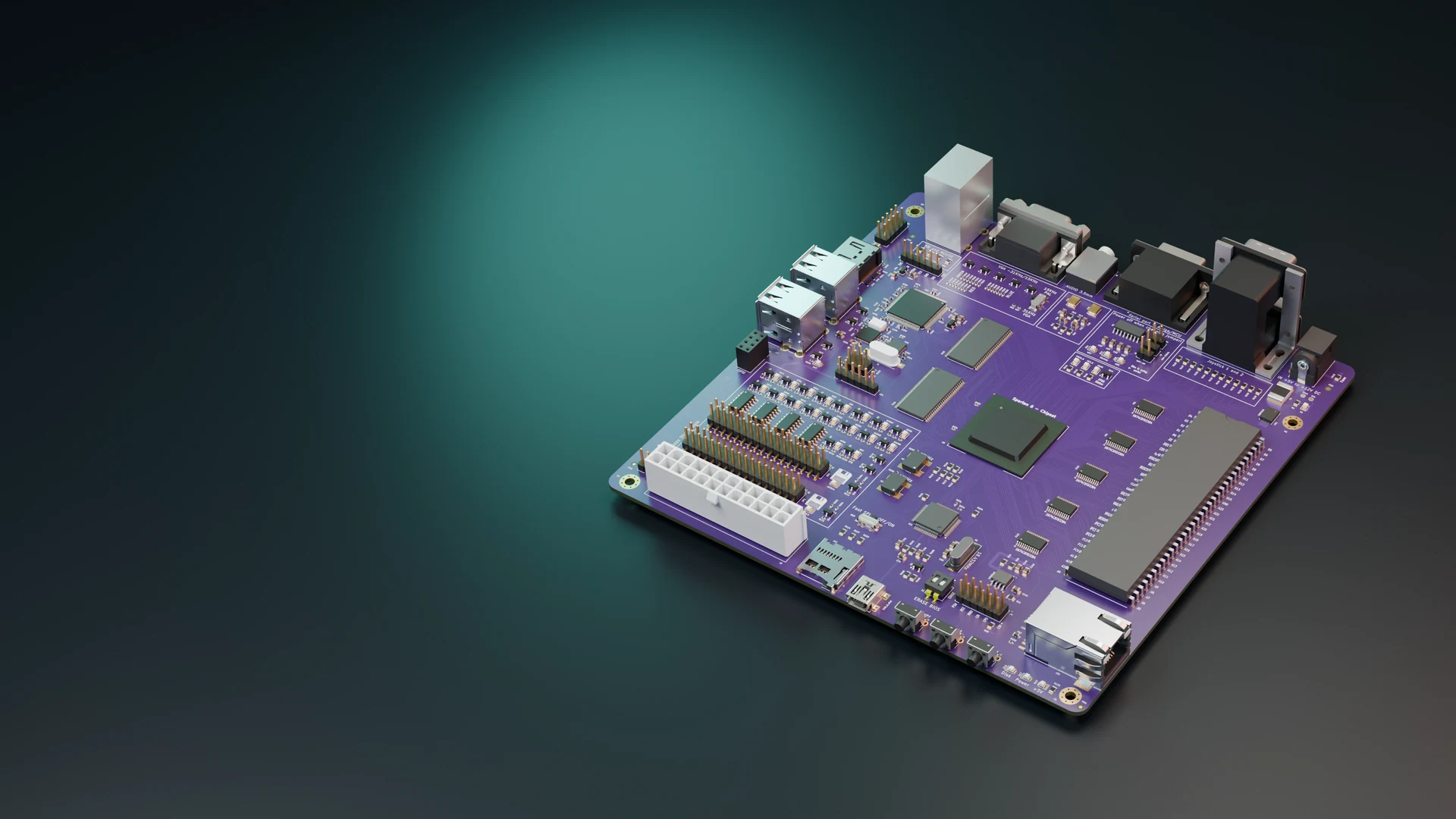 AmiCube v1.2 motherboard, rendered from native CAD on a dark studio floor