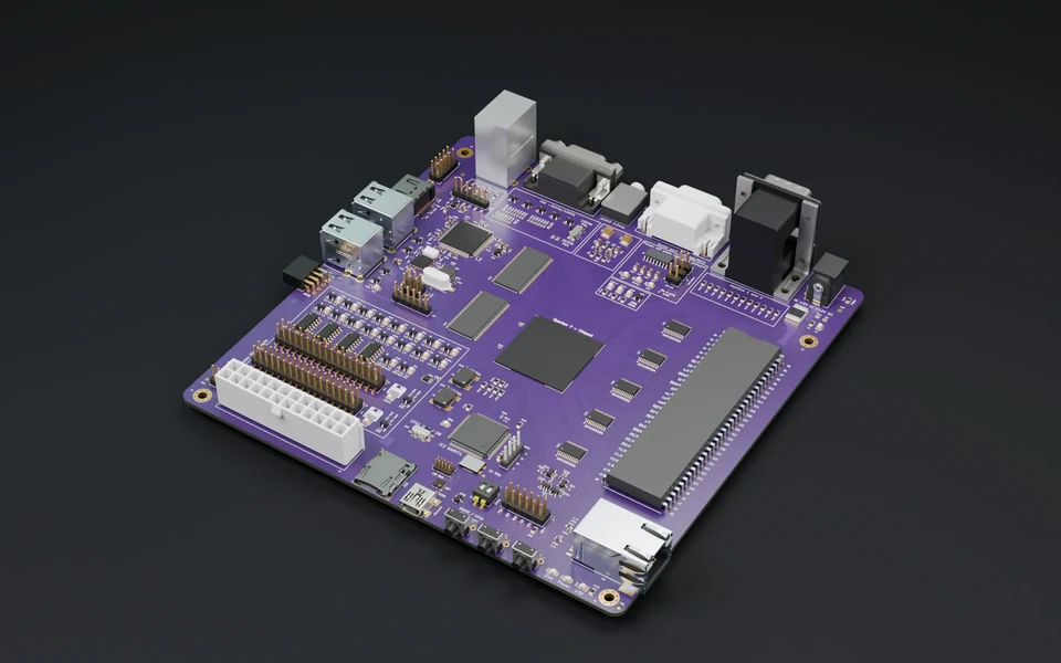 AmiCube v1.4 motherboard, rendered from native CAD on a dark studio floor