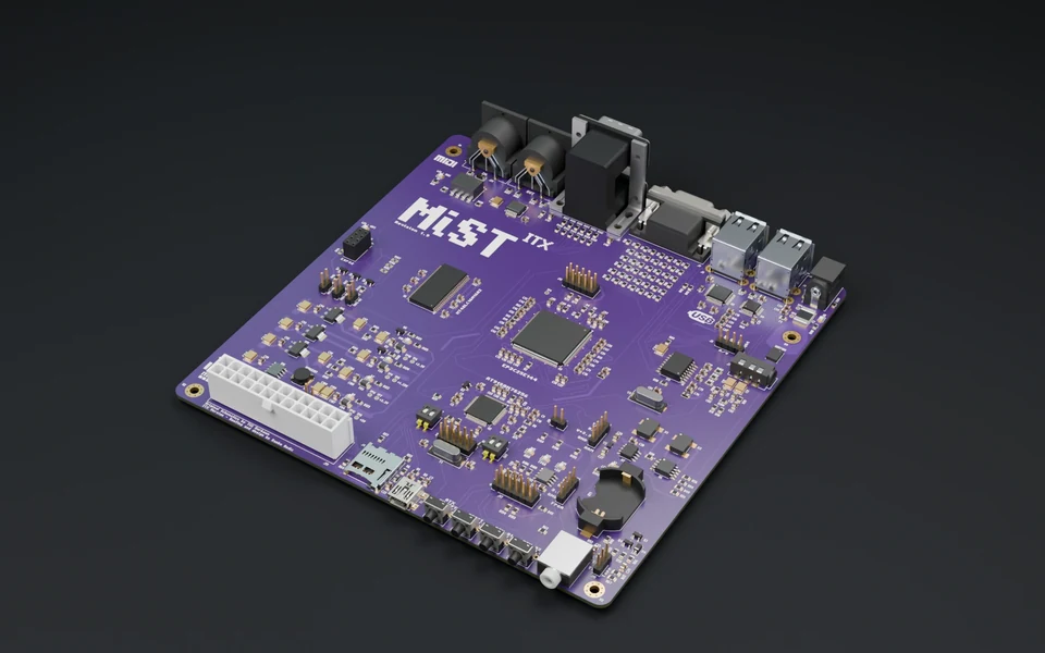 MiST ITX board, rendered from native CAD on a dark studio floor