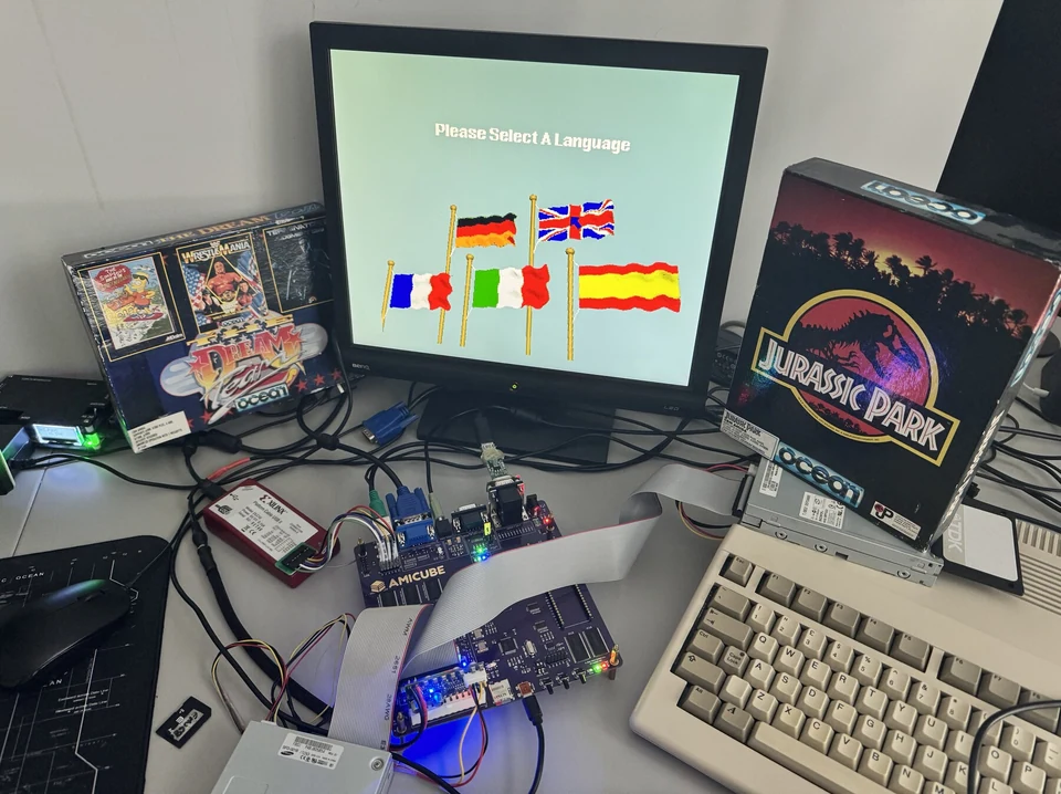 AmiCube loading the language-selection screen from an authentic Jurassic Park floppy