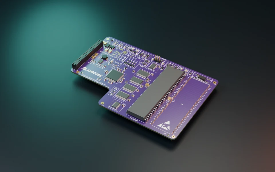 PiStorm68K board, rendered from native CAD on a dark studio floor