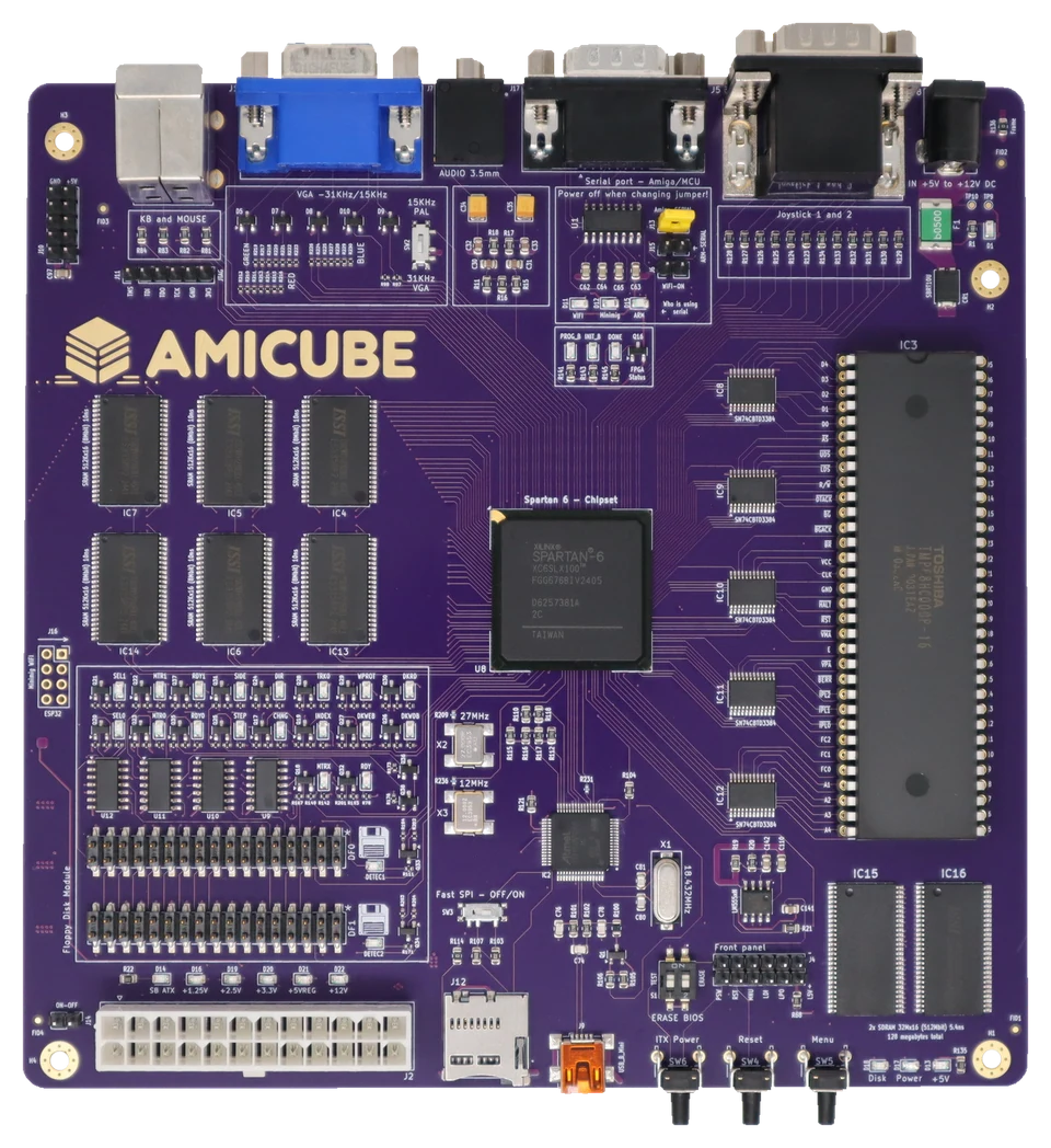 AmiCube v1.1 motherboard, framed with all four board edges and connectors visible