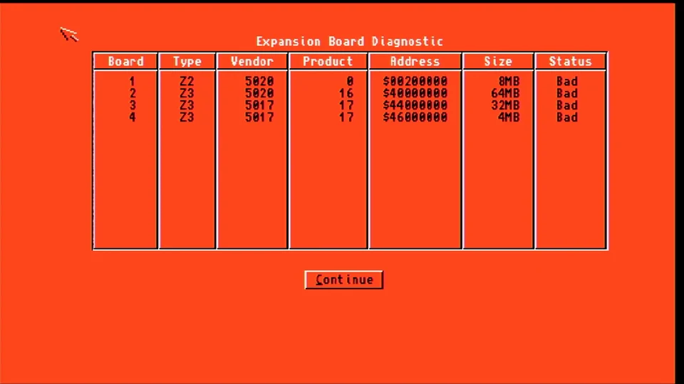Early AmiCube Expansion Board Diagnostic showing failed memory checks
