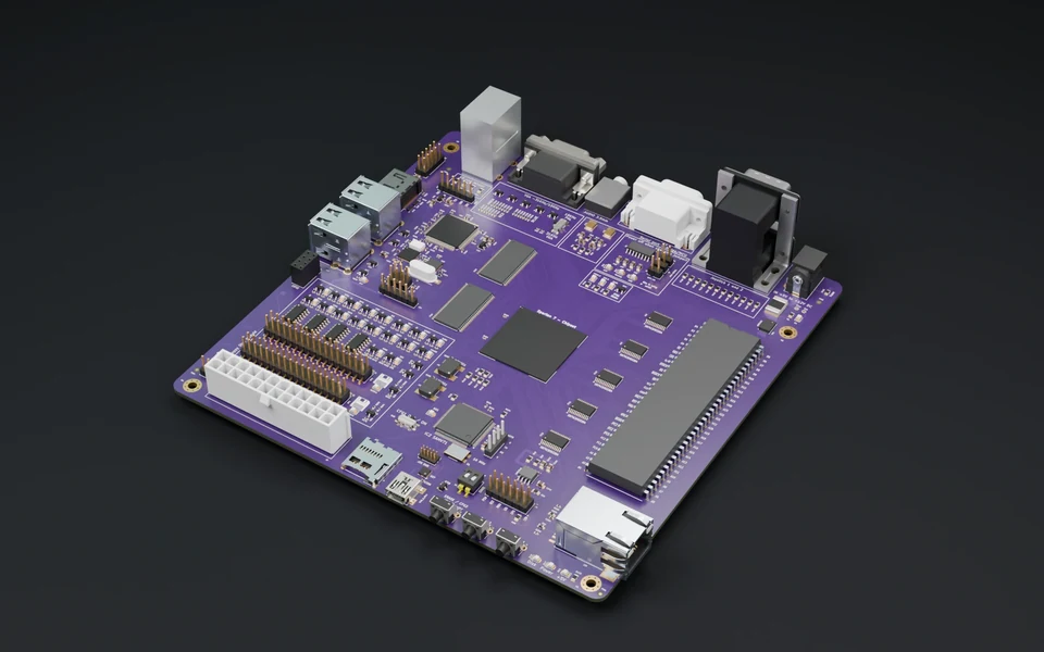 AmiCube v1.4 motherboard, rendered from native CAD on a dark studio floor