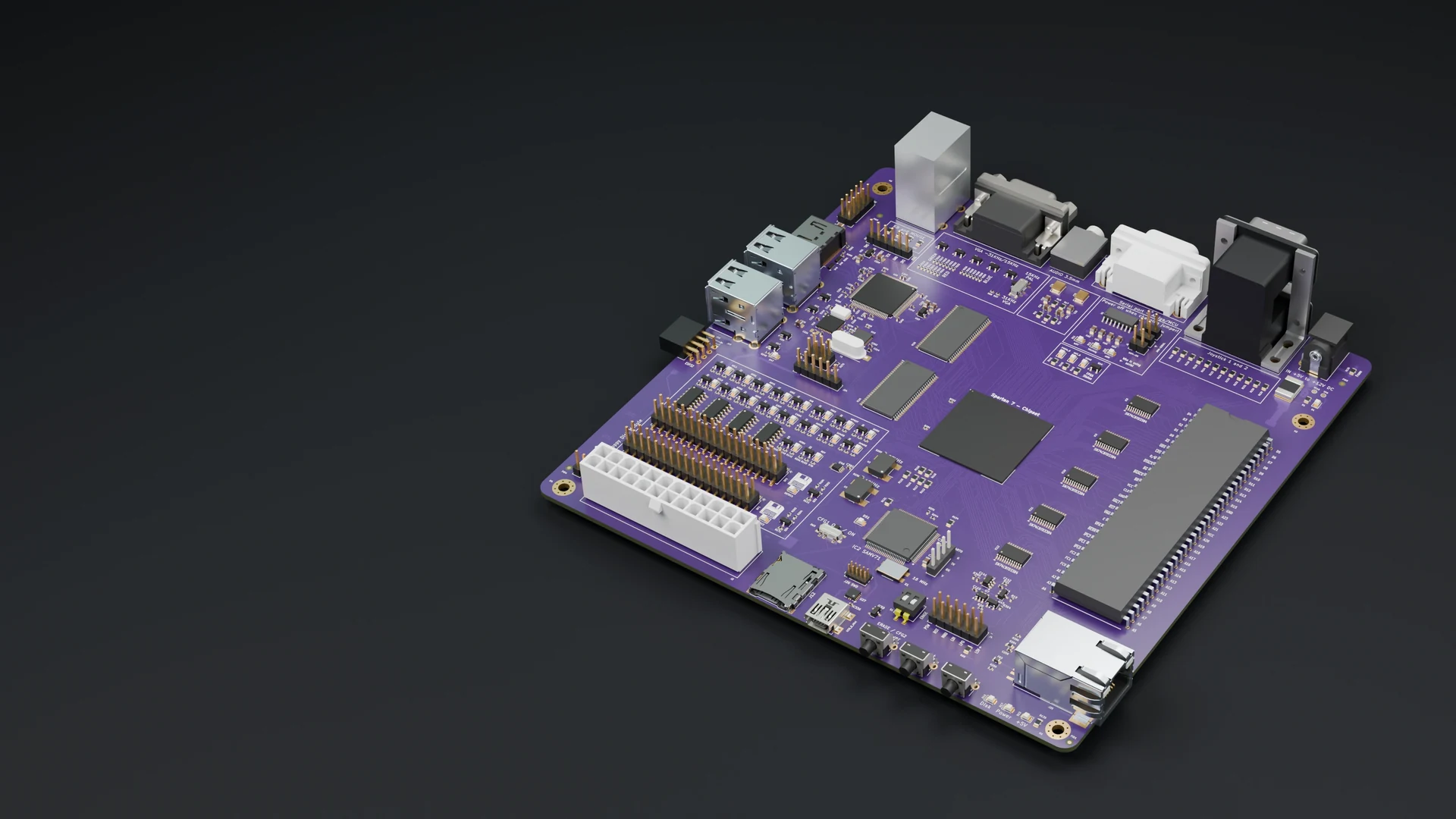 AmiCube v1.4 motherboard, rendered from native CAD on a dark studio floor