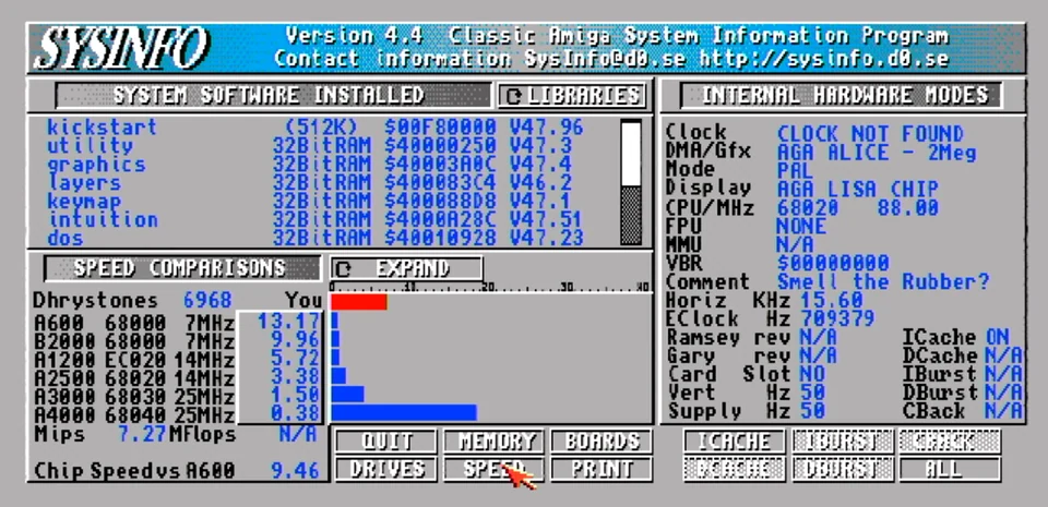 September 6 AmiCube cost008 SysInfo comparison showing 7.27 MIPS and 9.46 times A600 Chip Speed