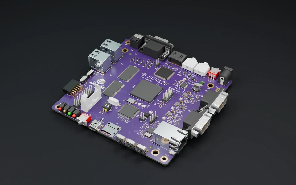 SiDi-128 motherboard, rendered from native CAD on a dark studio floor
