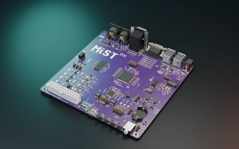 MiST ITX board, rendered from native CAD on a dark studio floor
