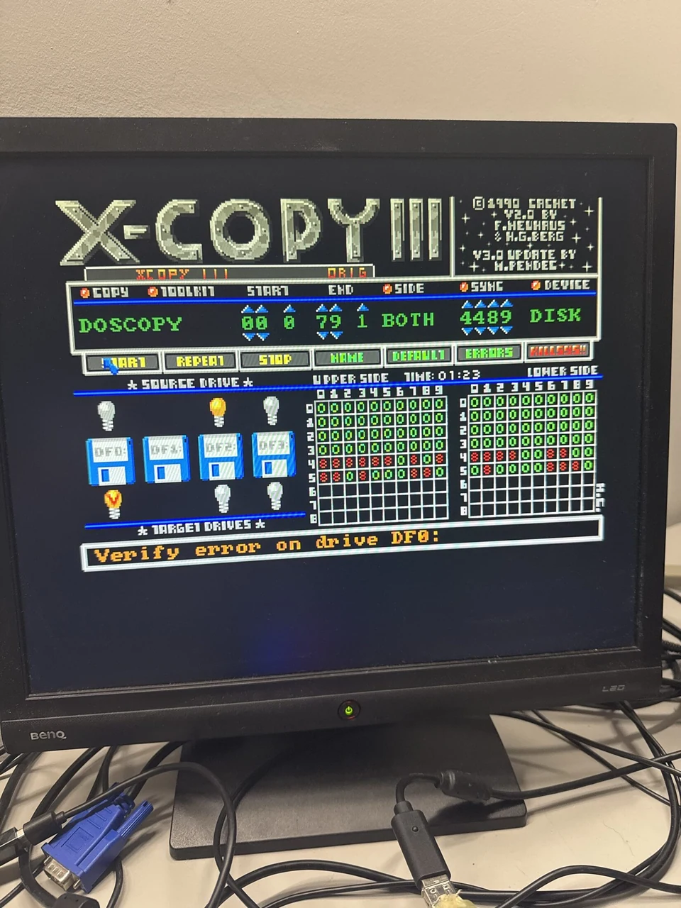 X-Copy showing an early ADF-to-physical-floppy verification failure starting at cylinder 40
