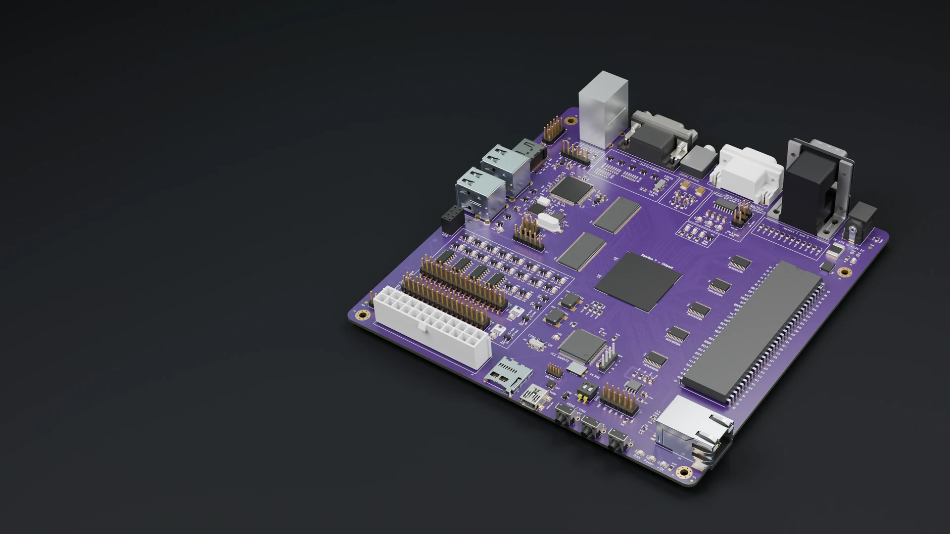 AmiCube v1.4 motherboard, rendered from native CAD on a dark studio floor