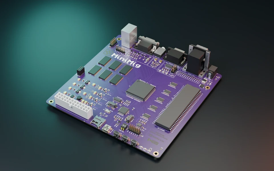Minimig 1.98 ITX motherboard, rendered from native CAD on a dark studio floor