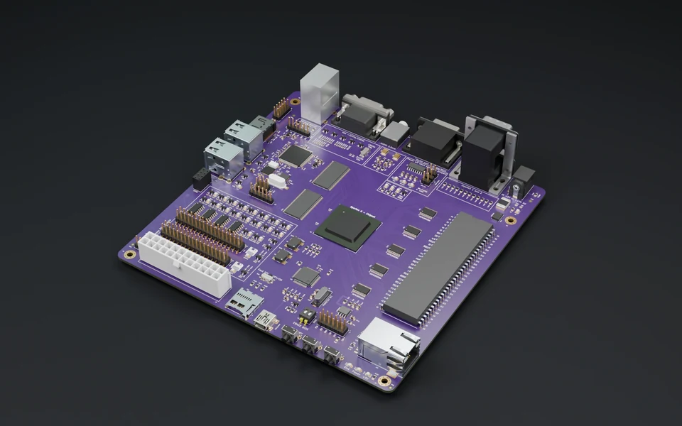 AmiCube v1.2 motherboard, rendered from native CAD on a dark studio floor