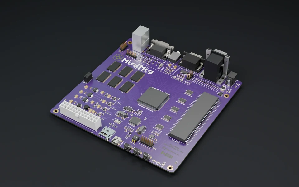 Minimig 1.98 ITX motherboard, rendered from native CAD on a dark studio floor