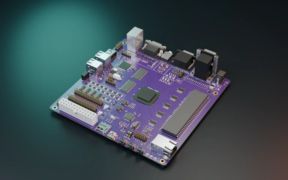 AmiCube v1.2 motherboard, rendered from native CAD on a dark studio floor