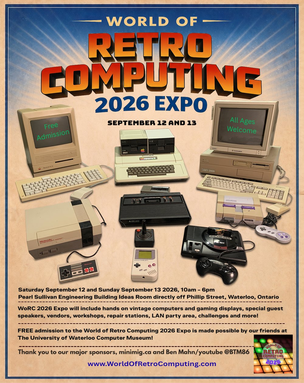 World of Retro Computing 2026 Expo poster — September 12 and 13, free admission, University of Waterloo